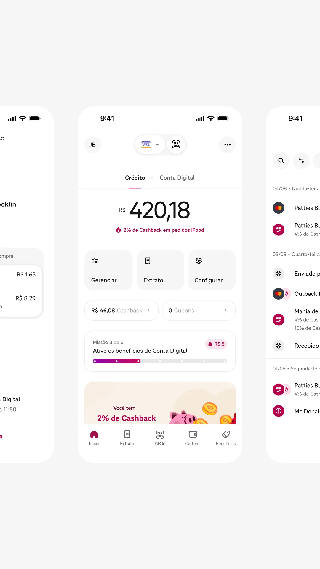 Case iFood Pago: 3 telas do Aplicativo iFood Pago alinhadas na horizontal